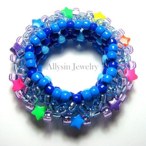 3D Kandi Cuff, Blue, Stars, Disc Style, Neon Rainbow Bracelet, , Rave Plur Kandi