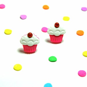 Pink Cupcake Studs, Earrings, Kawaii Kitsch, Cherry on Top, Food Jewelry image 4