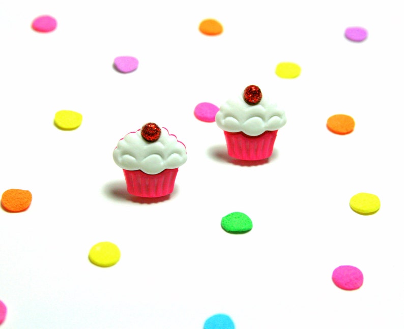 Pink Cupcake Studs, Earrings, Kawaii Kitsch, Cherry on Top, Food Jewelry image 4