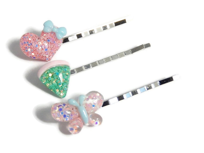 Pastel Sparkle Hair Pins, Heart and Butterfly Bobby Pins, Y2K Kawaii Hair Accessories image 3