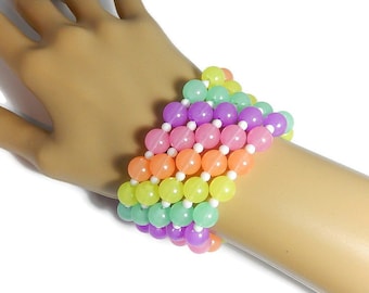 Rainbow Glow Kandi Bracelets, Beaded Singles, Rave Plur, Blacklight Reactive