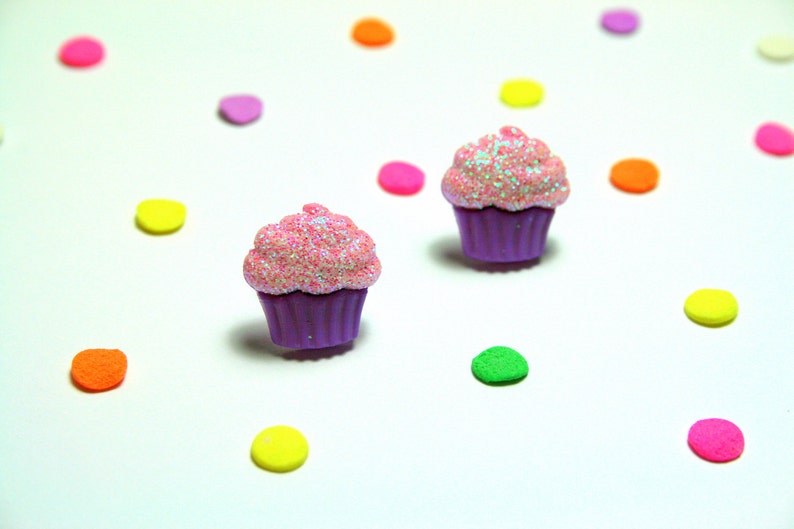 Food Jewelry Glitter Frosting Stud Earrings Purple Cupcake Earrings Kawaii Kitsch Studs
