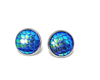 Blue Mermaid Scale Earrings, Stainless Steel Iridescent Studs, Round Dragon Scale Earrings