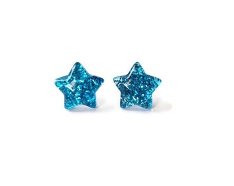 Glitter Star Earrings, Blue Studs, Resin Kawaii Jewelry