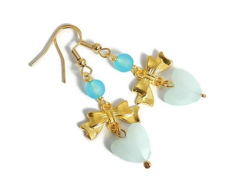 Blue Heart Earrings, Gold Bow Dangles, Statement Jewelry