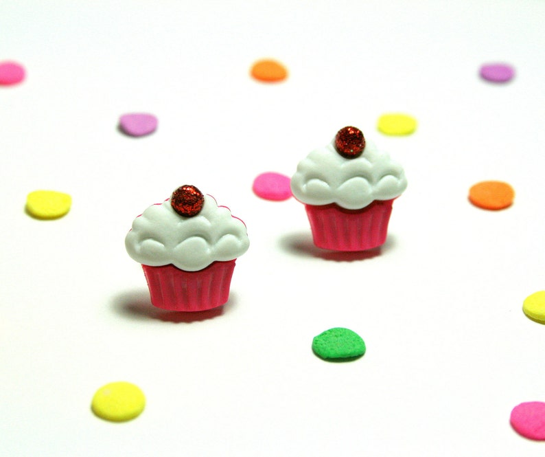 Pink Cupcake Studs, Earrings, Kawaii Kitsch, Cherry on Top, Food Jewelry image 3