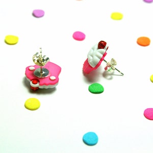 Pink Cupcake Studs, Earrings, Kawaii Kitsch, Cherry on Top, Food Jewelry image 2