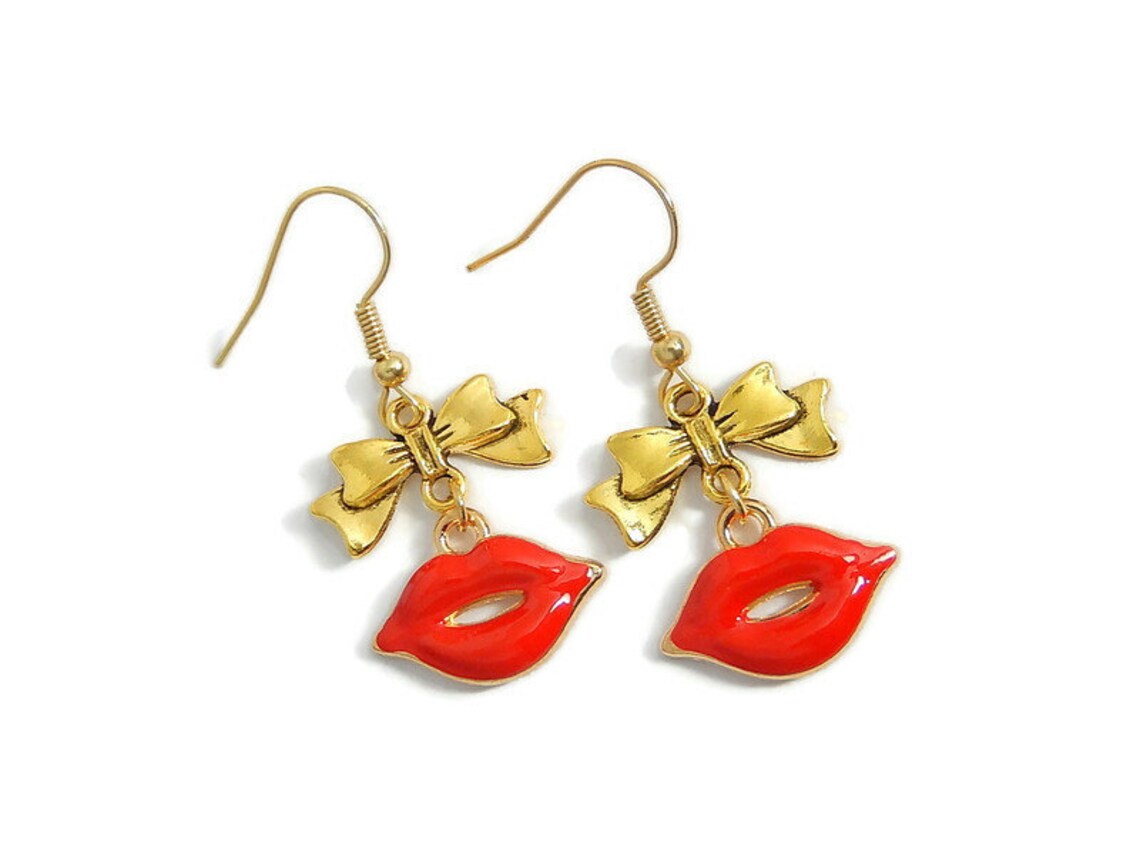 Red Lips Earrings Gold Bow Dangles Statement Jewelry Etsy