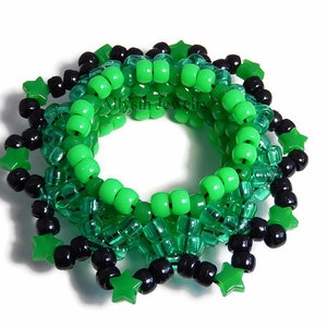 Green 3D Kandi Cuff, Stars, Disc Style, Neon Bracelet, Rave Plur Kandi