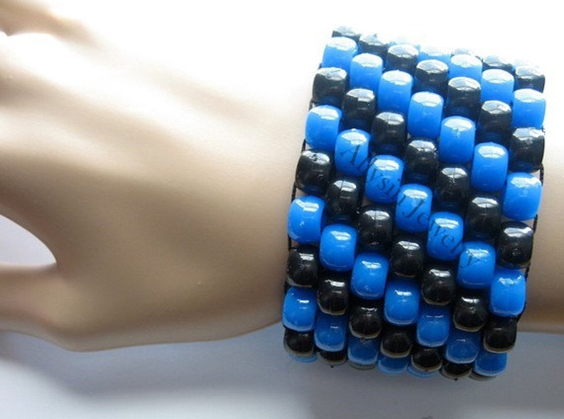 Black, Blue Kandi Cuff, Diagonal Raver Bracelet image 3