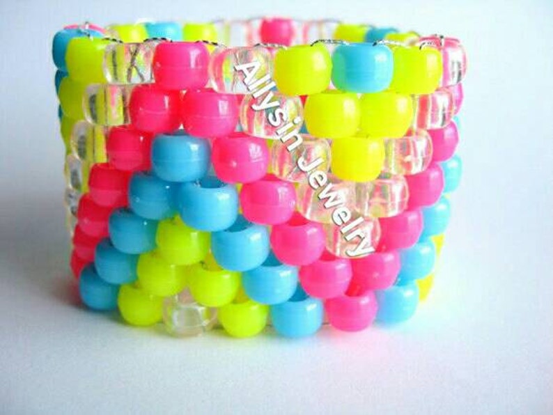 Bracelet neon Kandi Cuff, ZigZag Raver Plur, Hot Pink, Neon Yellow, Baby Blue Zig Zags image 2