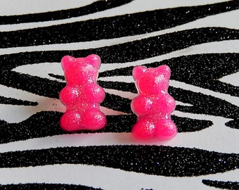 Hot Pink Gummy Bear Earrings, Neon Resin Studs, Candy Posts, Kawaii Mini Food Jewelry