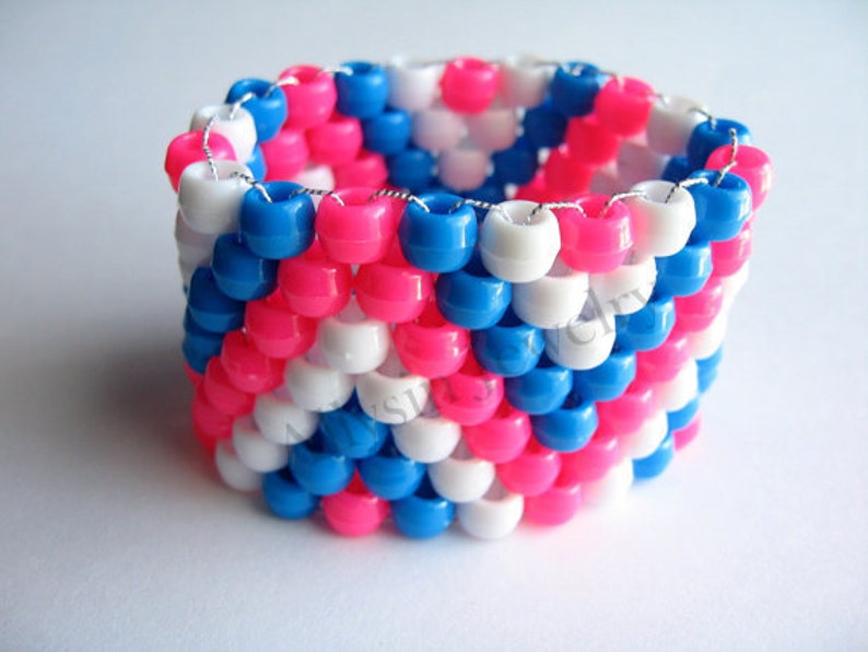 Zigzag Kandi Cuff, Pink Blue Bracelet, Plur Rave Jewelry, White Zig Zags image 3