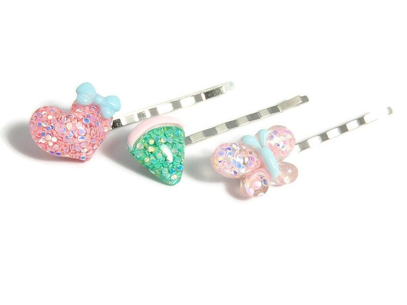 Pastel Sparkle Hair Pins, Heart and Butterfly Bobby Pins, Y2K Kawaii Hair Accessories image 2