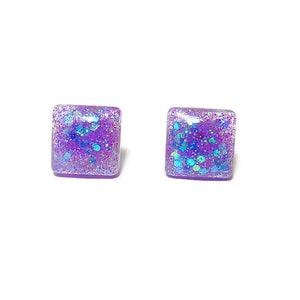 Iridescent Square Earrings, Blue Purple Stud Earrings, Resin Studs