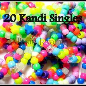 Kandi Singles, Kandy Bracelet Lot, Neon Rainbow Rave Plur Jewelry, 20 Beaded Bracelets