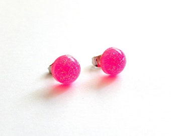 Round Pink Stud Earrings, Resin Round Earrings, UV Reactive Rave Jewelry