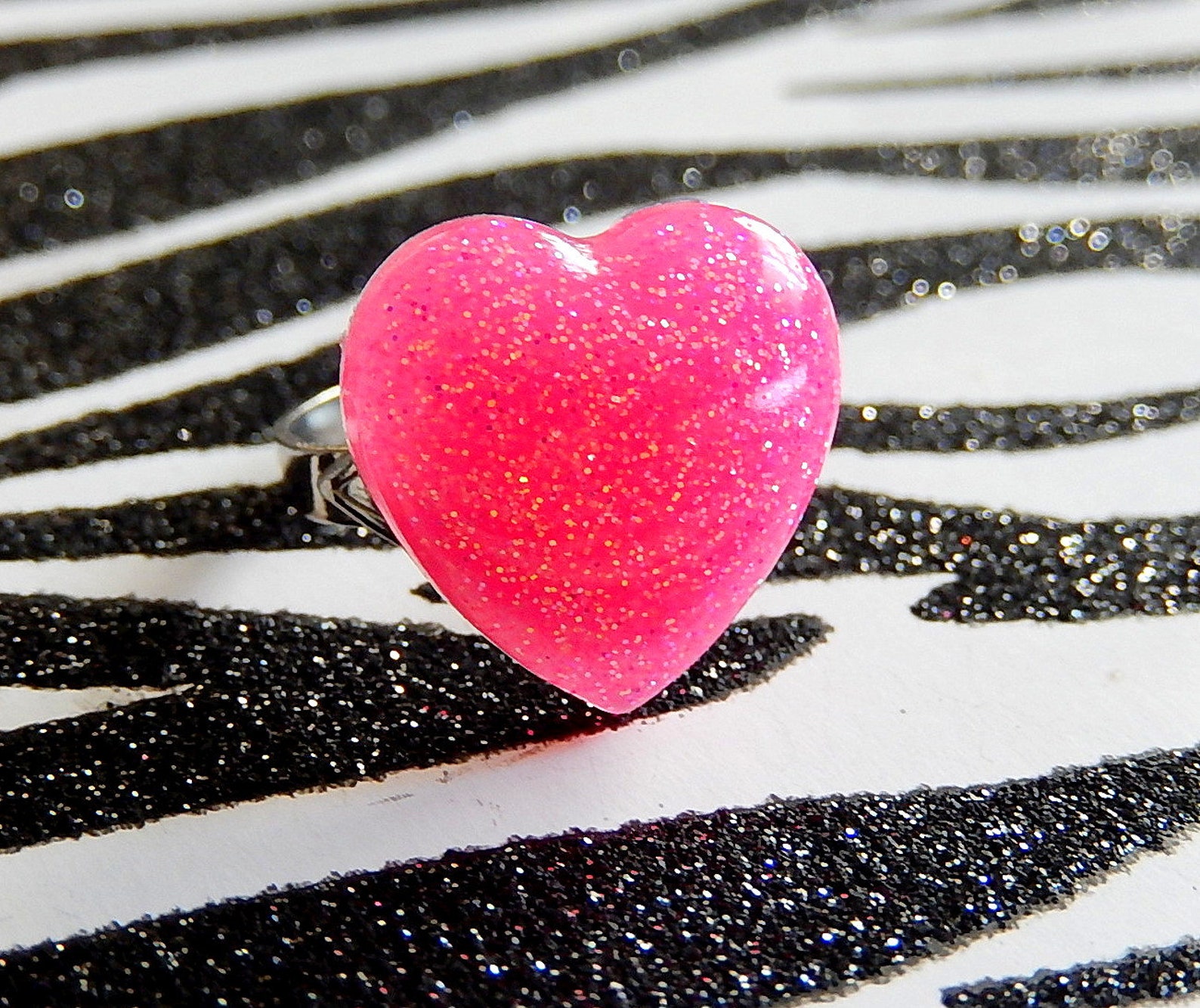 Pink Glitter Heart Ring Resin Jewelry Etsy