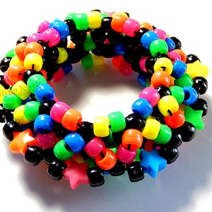 Black Rainbow Kandi Cuff, Stars, Neon 3D Disc Bracelet, Rave Plur image 1