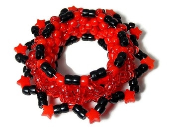 3D Red Kandi Cuff, Stars, Disc Bracelet, Rave Plur Kandi