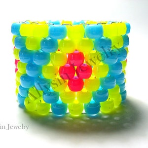 Neon Yellow Kandi Cuff Bracelet, X Pattern, Hot Pink, Baby Blue