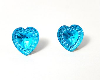 Blue Heart Stud Earrings, Crystal Studs, Electric Blue Sparkle Hearts