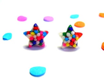 Star Sprinkles Earrings, Studs, Kawaii Resin Jewelry, Rainbow Candy