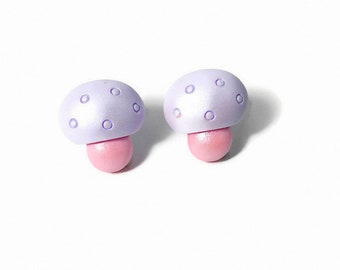 Purple Mushroom Earrings, Shroom Studs, Pastel Toadstools