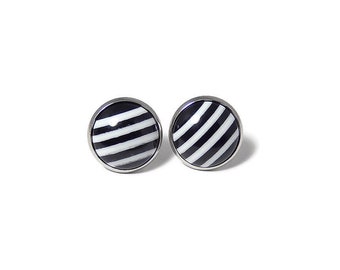 Black White Striped Stud Earrings 14mm