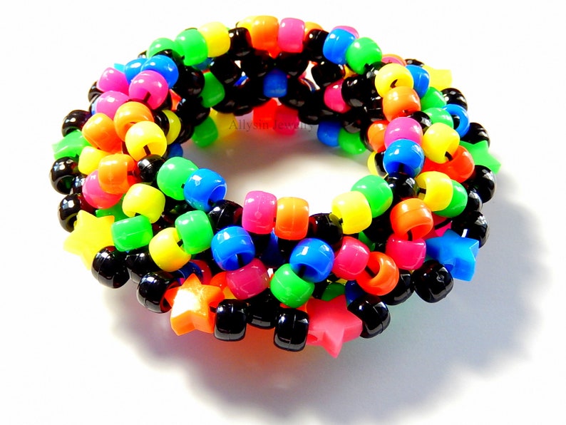 Black Rainbow Kandi Cuff, Stars, Neon 3D Disc Bracelet, Rave Plur image 6