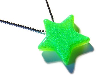 Green Star Necklace, Neon Resin Pendant, Lime Green, Black, UV Reactive Rave Jewelry