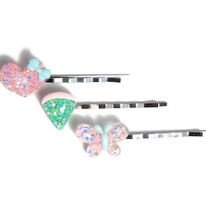 Pastel Sparkle Hair Pins, Heart and Butterfly Bobby Pins, Y2K Kawaii Hair Accessories image 1