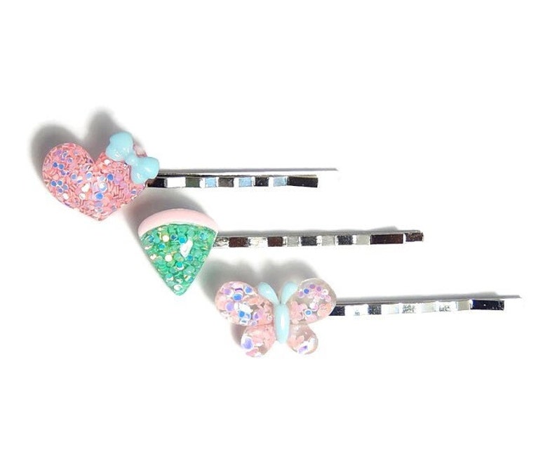 Pastel Sparkle Hair Pins, Heart and Butterfly Bobby Pins, Y2K Kawaii Hair Accessories image 1