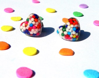 Candy Sprinkles Earrings, Rainbow Resin Hearts, Kawaii Studs