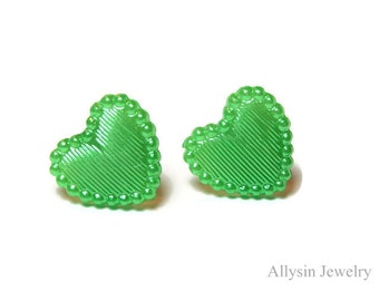 Green Heart Earrings, Kawaii Heart Studs, Gifts under 10