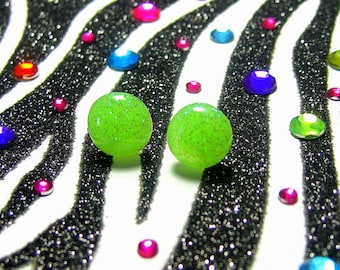 Neon Green Earrings, Round Resin Studs, Lime Glitter Jewelry
