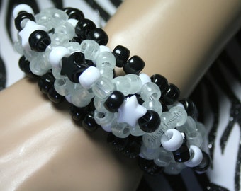 Black, White Star Kandi Cuff, Glow in the Dark 3D Disc Cuff, Rave Plur Kandy