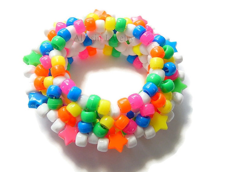 White Rainbow Kandi Cuff, Stars, Neon 3D Disc Bracelet, Rave Plur Kandi image 2