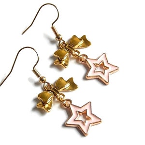 Pink Star Earrings, Kawaii Bow Gold Dangles