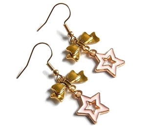 Pink Star Earrings, Kawaii Bow Gold Dangles