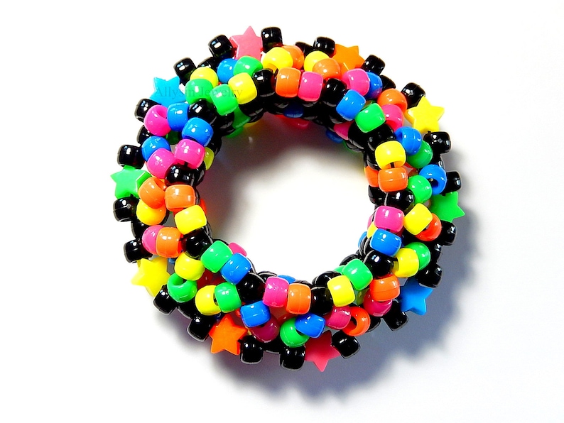Black Rainbow Kandi Cuff, Stars, Neon 3D Disc Bracelet, Rave Plur image 3
