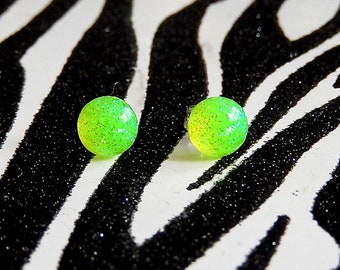 Lime Green Stud Earrings, Neon Resin Tiny Round Earrings, Glitter Jewelry