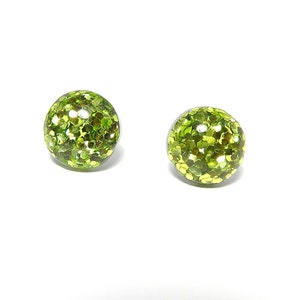 Green Glitter Earrings, Resin Stud Earrings, Round Sparkle Earrings