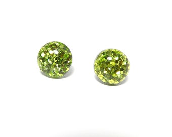 Green Glitter Earrings, Resin Stud Earrings, Round Sparkle Earrings
