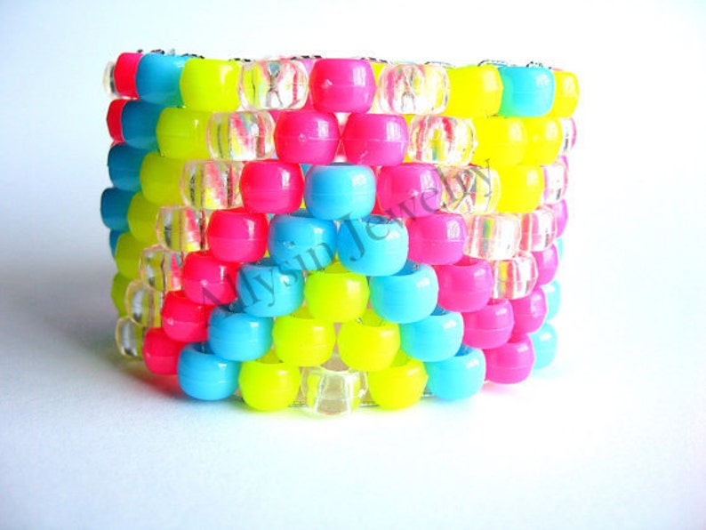 Bracelet neon Kandi Cuff, ZigZag Raver Plur, Hot Pink, Neon Yellow, Baby Blue Zig Zags image 4