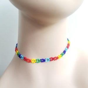 Beaded Rainbow Choker Necklace, Seed Bead Necklace, 90s Retro Colorful Rave Jewelry