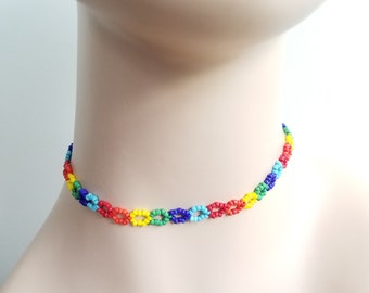 Beaded Rainbow Choker Necklace, Seed Bead Necklace, 90s Retro Colorful Rave Jewelry