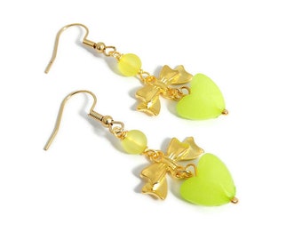 Lime Green Heart Earrings, Gold Bow Dangles, Neon Statement Jewelry