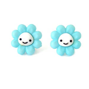 Blue Daisy Earrings, Flower Smiley Face Studs, Kidcore Rave Festival Accessories