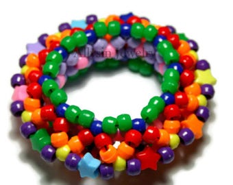 3D Rainbow Kandi Cuff, Disc Style, Bracelet OVNI, Raver Plur Star Bijoux